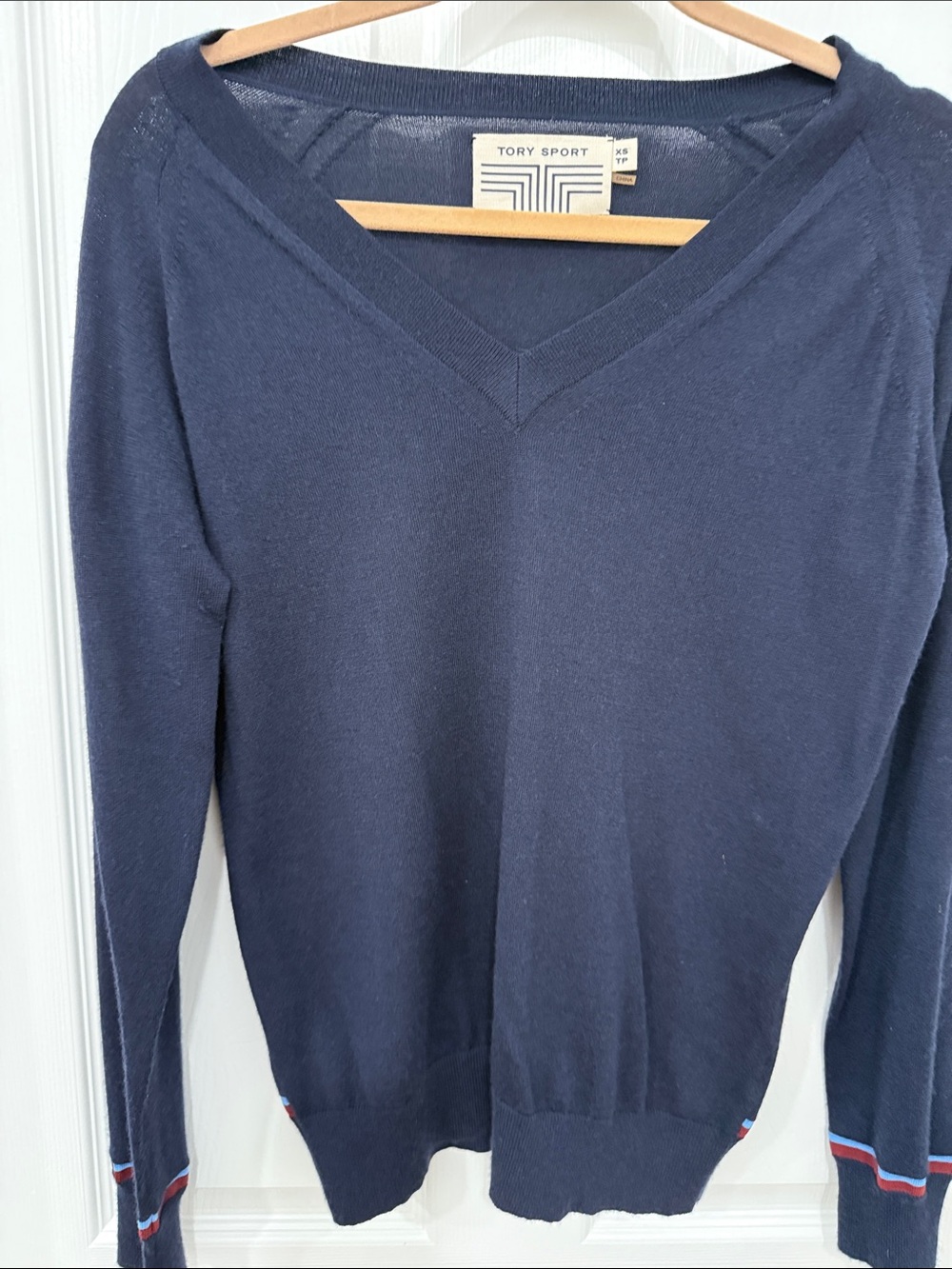 Tory Sport Ladies Dark Navy V-Neck Sweater with Sleeve Stripe